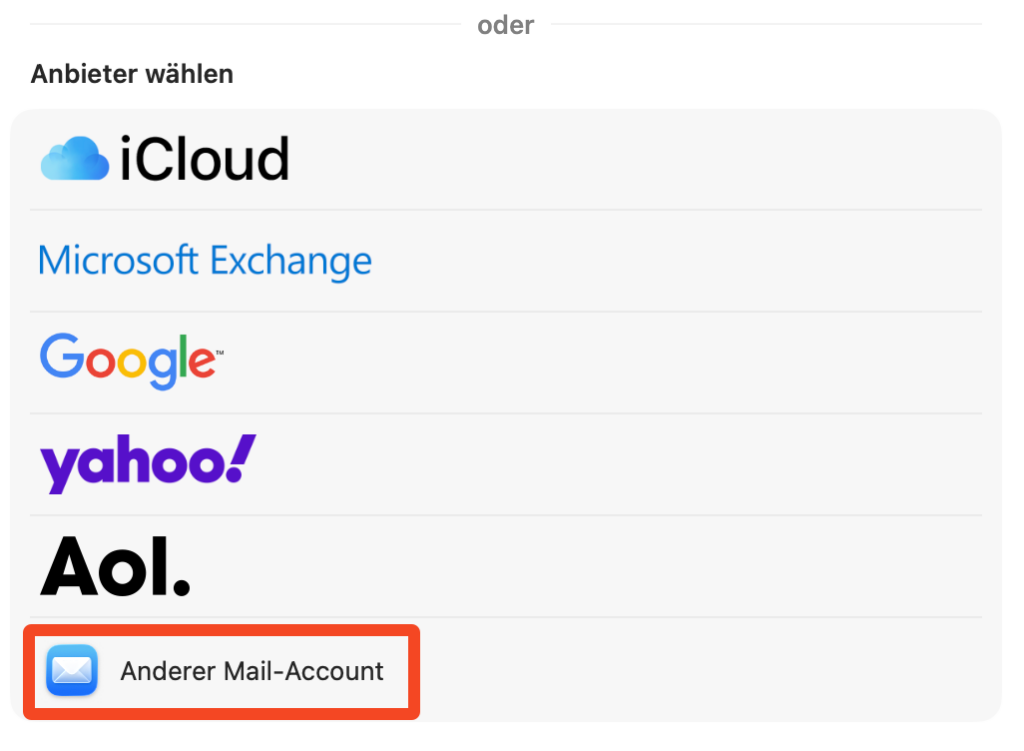 Schritt 4: Mail-Anbieter auswählen